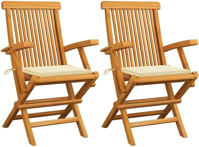 vidaXL Gartenstühle aus Teakholz mit Creme Kissen, 2er Set, stapelbar - Bild 1