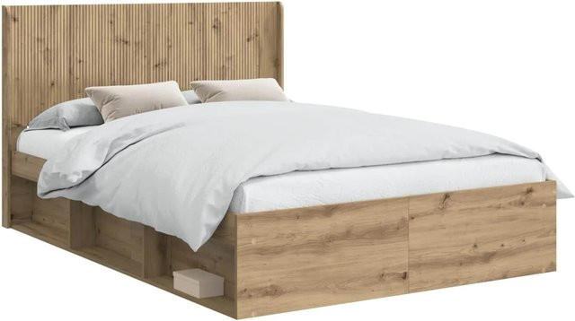 vidaXL Bettgestell mit Kopfteil und Stauraum aus Holzwerkstoff in Eiche Braun - Bild 1