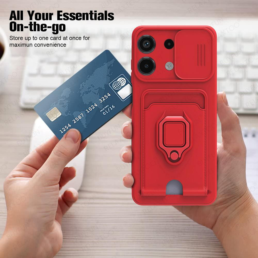 Magnetische Handyhülle mit Kartenfach und Kamera-Schiebefenster für Xiaomi Redmi Note 13 12 11 10 Pro Plus sowie Redmi 13C 12C 10C in Rot - Bild 2
