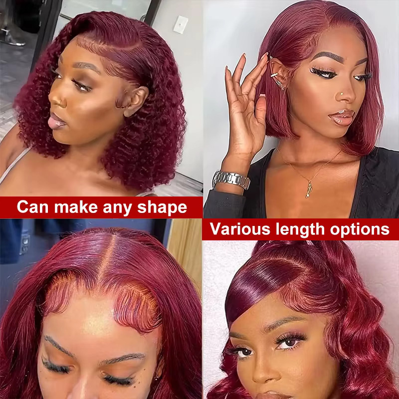 ALIKODY Perücke Echthaar, 16 Zoll, Burgunderrot, Body Wave, Lace Front, Damen - Bild 4