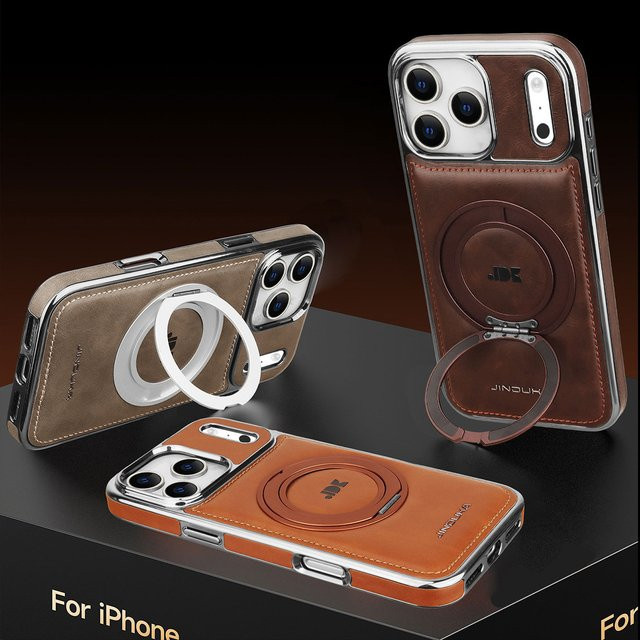 Magnetische Leder-Hülle mit drehbarer Halterung und Wireless Charging für iPhone 17 16 15 14 13 Pro Max Plus in Grau und Braun - Bild 1