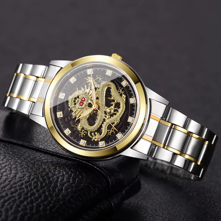 yolako Armbanduhr Quarz, Edelstahl, Gold, Drachen Zifferblatt, Herren - Bild 3