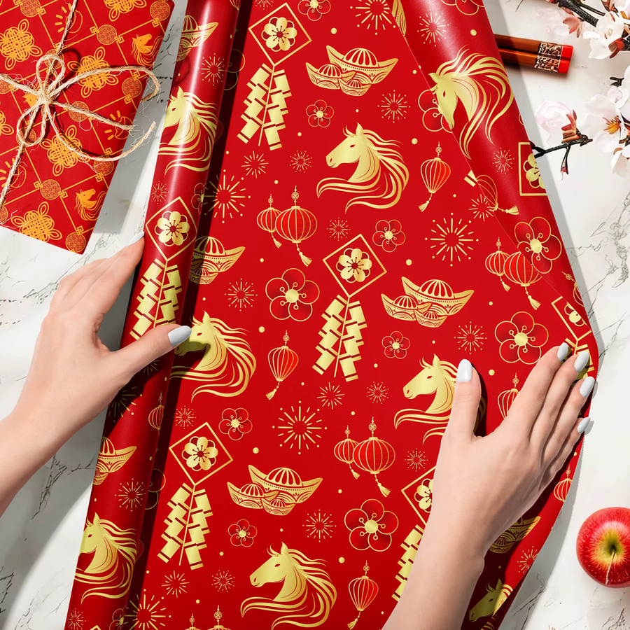 Set mit 12 Stück Geschenkpapier mit chinesischem Neujahrspferd-Muster in Rot für deine Neujahrsparty-Dekoration - Bild 3