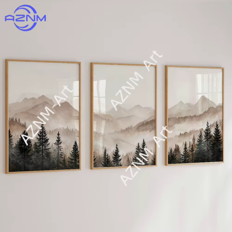 AZNM Abstraktes Wald- und Berg-Triptychon als minimalistisches 3er-Set aus Papierpostern in Beige und Grau mit nebliger Naturlandschaft - Bild 3