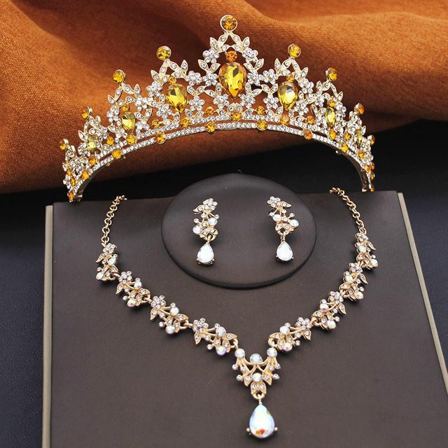 YIRAN Jewelry Schmuckset, Tiara, Krone, Ohrring, Halskette, Messing, Schwarz, Damen - Bild 1