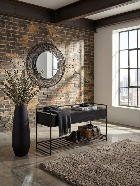 KADIMA DESIGN Sitzbank aus Massivholz und Metall mit Schuhablage, Schwarz, B/T/H: 90 x 38 x 52 cm - Bild 1