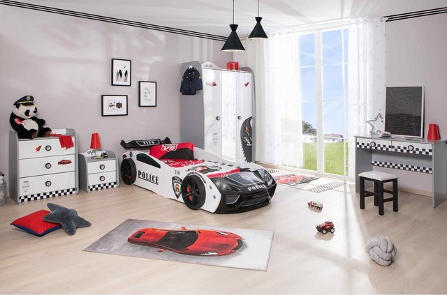 Aileenstore Kinderzimmer Set mit Police Autobett, 5-teilig, Weiß - Bild 1