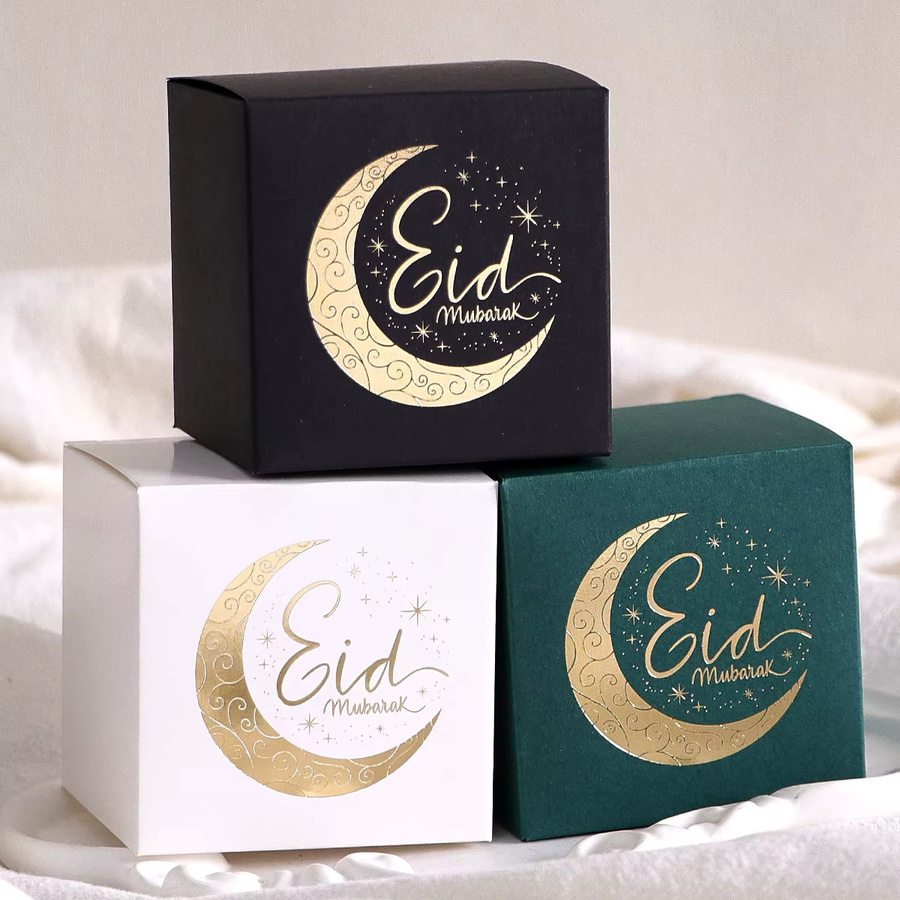 Set mit 10 Mini-Geschenktüten aus Papier in Schwarz, Weiß und Grün mit goldenem Halbmond-Design und Sternen zur Eid-Grüßung - Bild 2