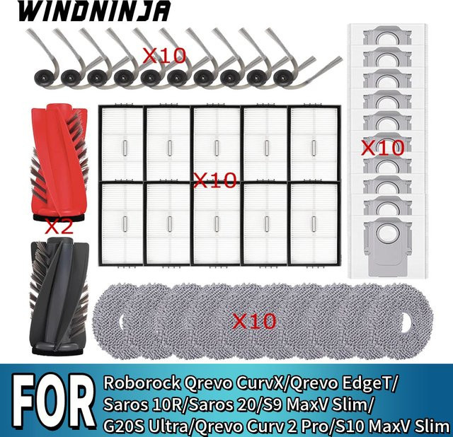 WINDNINJA Ersatzteil-Set für Roborock Saugroboter mit Filter, Wischmopp, Staubbeutel und Bürste, Multicolor - Bild 1