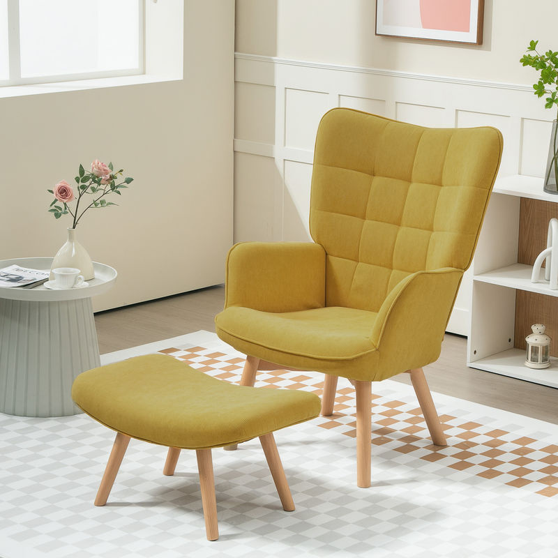 HOMCOM Relaxsessel mit Hocker in Skandinavischem Design, Gelb mit Cord-Optik und Buchenholzbeinen - Bild 2