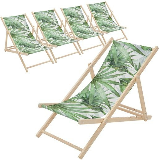 5er Set ECD Germany Gartenliegen aus Holz mit Palme Motiv in Grün-Weiß, klappbare Strandstühle und Sonnenliegen aus Polyester Oxford-Gewebe - Bild 1