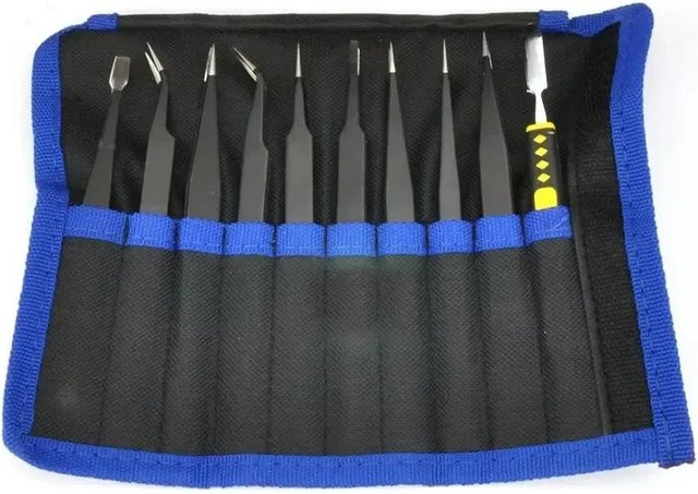 10-teiliges Edelstahl Präzisions-Antistatik-Pinzetten-Set für professionelle Elektronik-Wartung in Schwarz - Bild 1