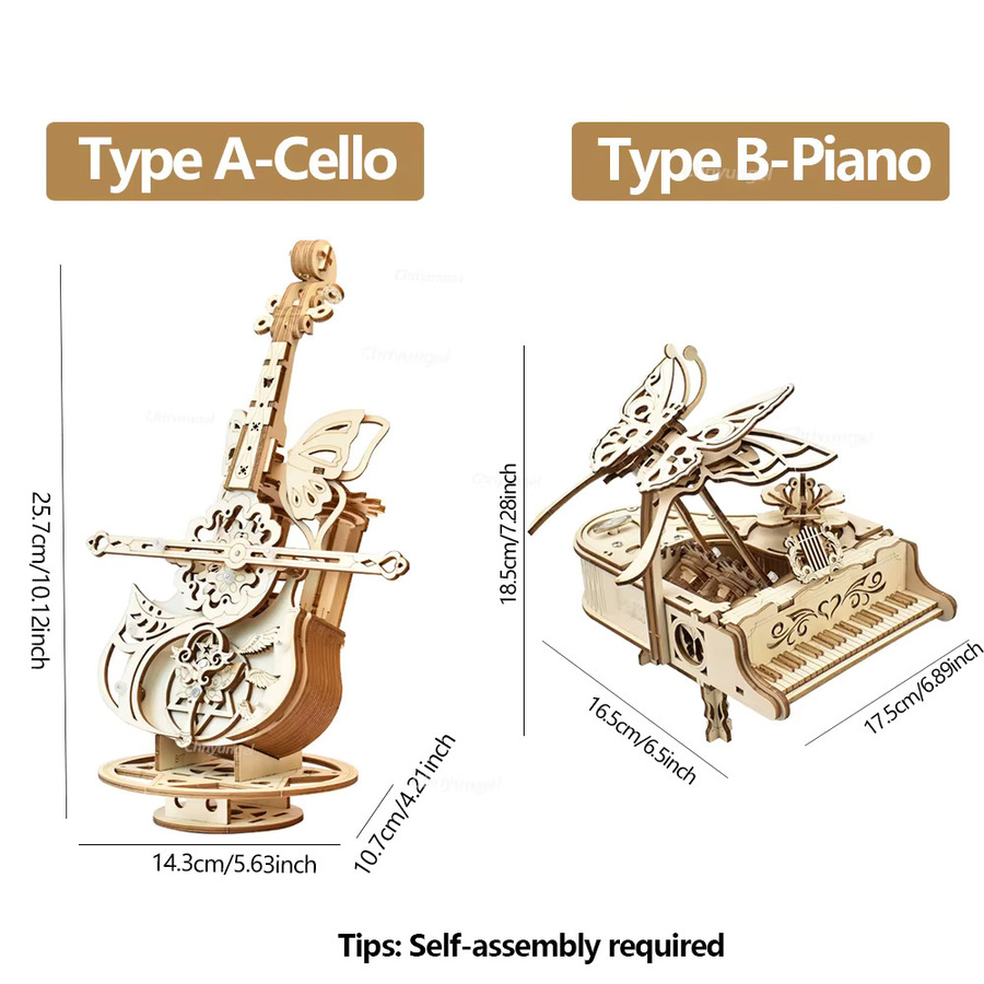 Chriyungel 3D-Holzpuzzle Cello-Modell mit Musikspieluhr in Naturholzfarben als DIY-Bausatz für Erwachsene und Kinder - Bild 2