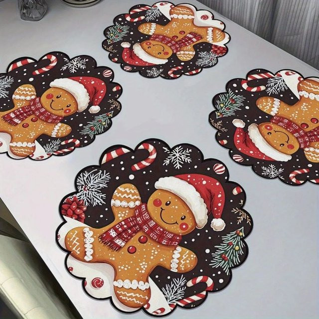VIKAMA 4er-Set Weihnachts-Tischsets rund mit Lebkuchenmann, Weihnachtsmann-Kranz und Schneeflocken, rutschfest, mehrfarbig - Bild 1