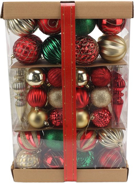 KONNWEI 74 Stück Weihnachtskugeln Set, bunte Weihnachtsbaum-Hängekugeln in Schwarz, Rot und Multicolour, runde Kunststoff-Ornamente für deine Weihnachtsdekoration - Bild 1