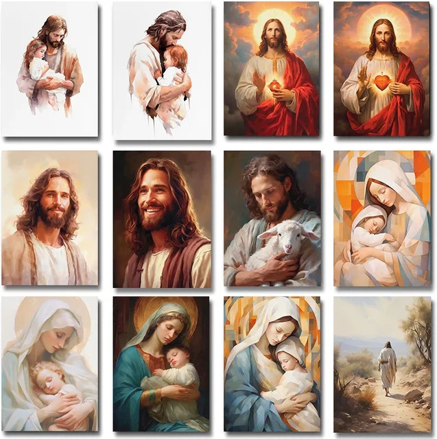 Potdemiel Leinwandgemälde mit Jesus, Schaf und Jungfrau Maria als katholische Wandkunst mit Bibelvers im Portraitformat - Bild 1
