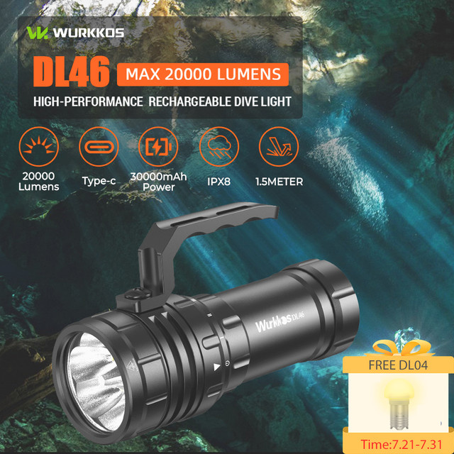 Wurkkos DL46 Superhelle Tauchtaschenlampe in Schwarz mit 20000 Lumen und 30000 mAh Akku - Bild 1