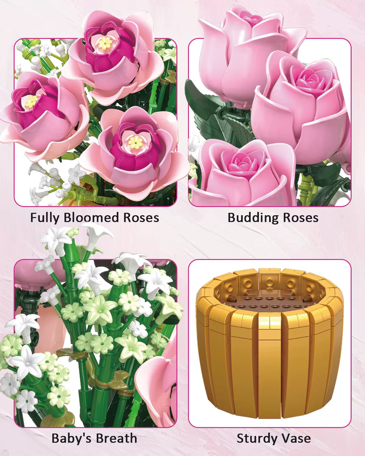 AMAZINGBLOKS Rosa Rosen-Blumentopf-Bausteinset, 1056 Teile, ab 14 Jahren - Bild 4