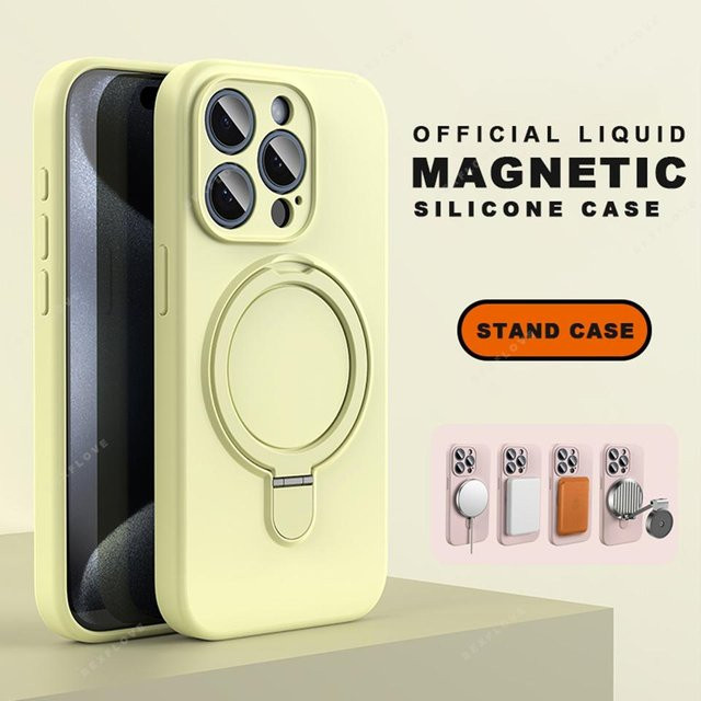 Apple iPhone Hülle aus Flüssigsilikon mit magnetischem Ringhalter und MagSafe Unterstützung in Gelb - Bild 1