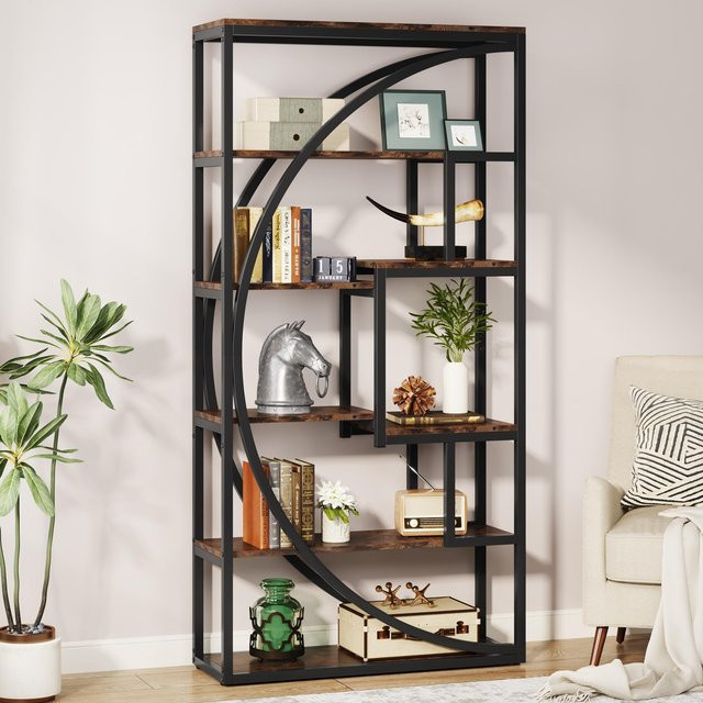 LTLLLE TREE Bücherregal im Industrial-Design mit 8 offenen Ablagefächern, 5-stufige Leiter-Etagere, Höhe: 180 cm, Farbe: Schwarz-Braun - Bild 1