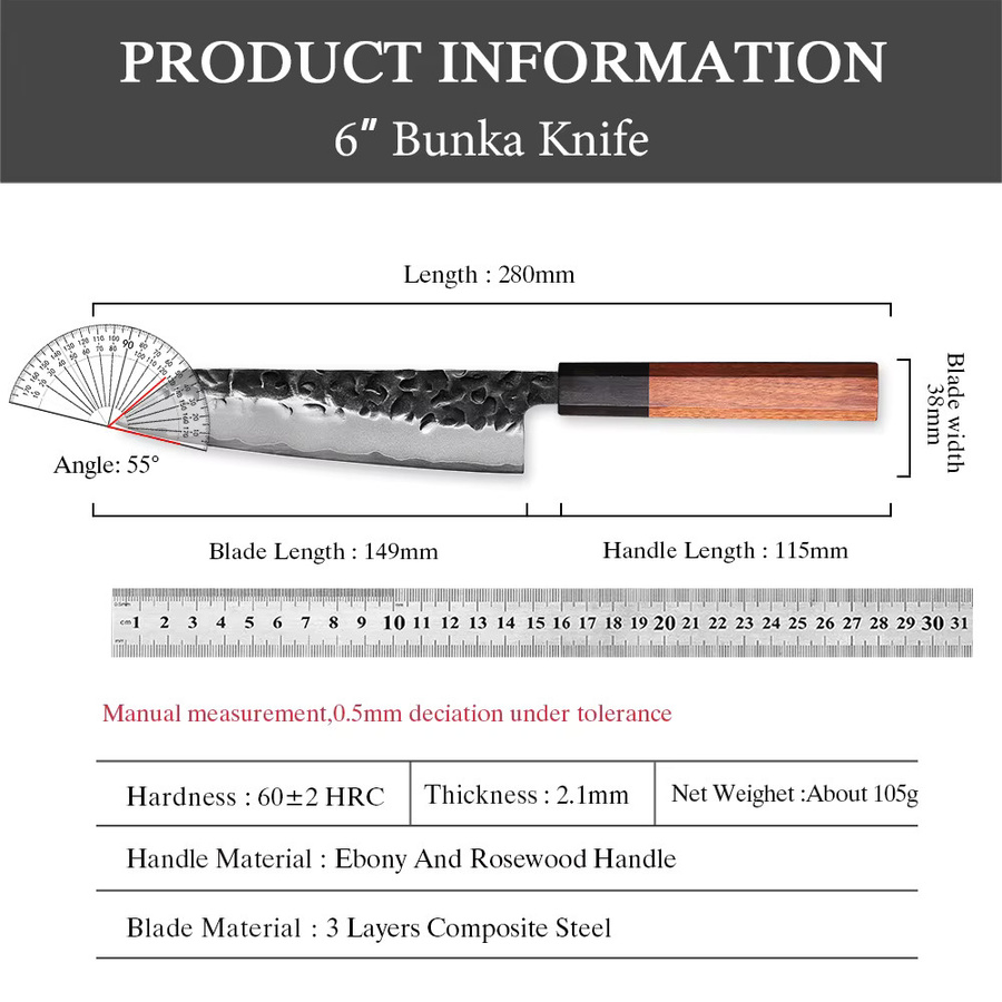 MOSTODOZO Bunka-Messer aus japanischem handgeschmiedetem 3-lagigem Verbundstahl, 15,24 cm professionelles Kochmesser in Silber mit Holzgriff - Bild 4