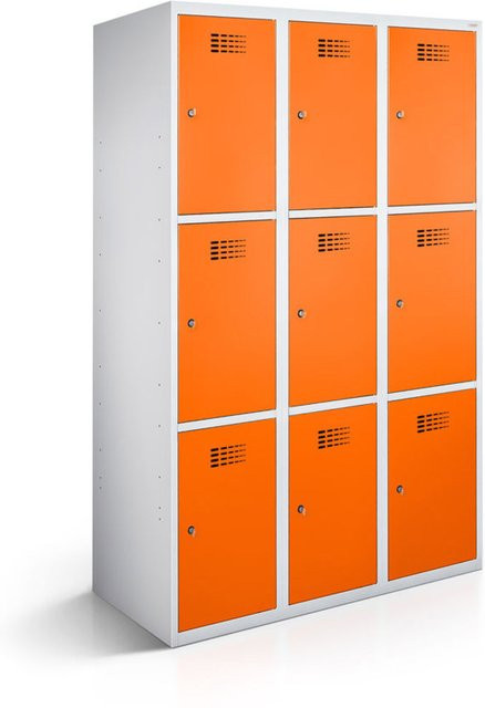 rotstahl Fächerschrank mit 9 Fächern in Orange und lichtgrauem Korpus, B/T/H: 120 x 50 x 180 cm - Bild 1