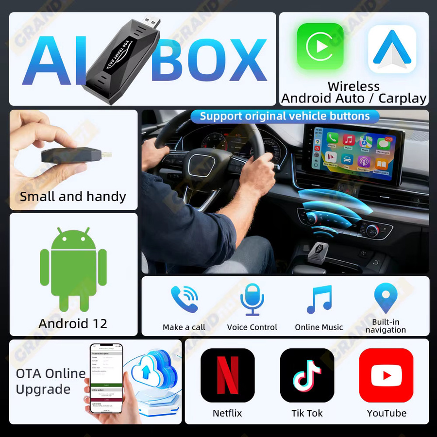 Grandnavi 3-in-1 AI Box mit Android 15, Wireless CarPlay und Android Auto USB-Adapter für YouTube und Netflix, Schwarz - Bild 2