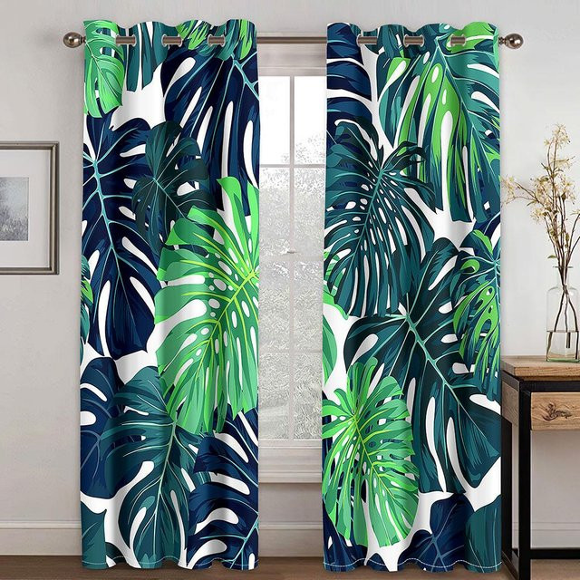 2er-Set A Family Of Home Textiles Vorhang mit tropischem Abalone-Blatt-Druck in Grün, semi-transparent, mit Ösen, Breite: 50 cm, Höhe: 130 cm - Bild 1