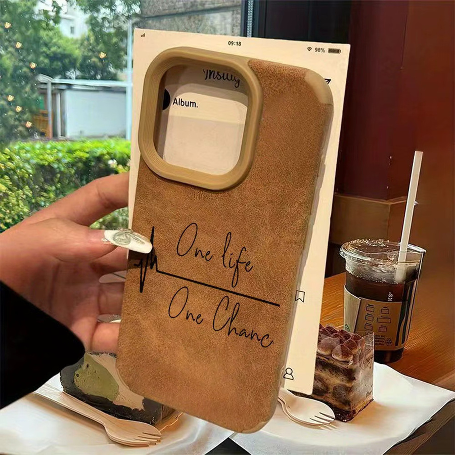 One Life One Chance Handyhülle mit Lederstruktur in Braun für iPhone 11 bis iPhone 17 Pro Max Serie, Anti-Drop und Anti-Rutsch Design - Bild 2
