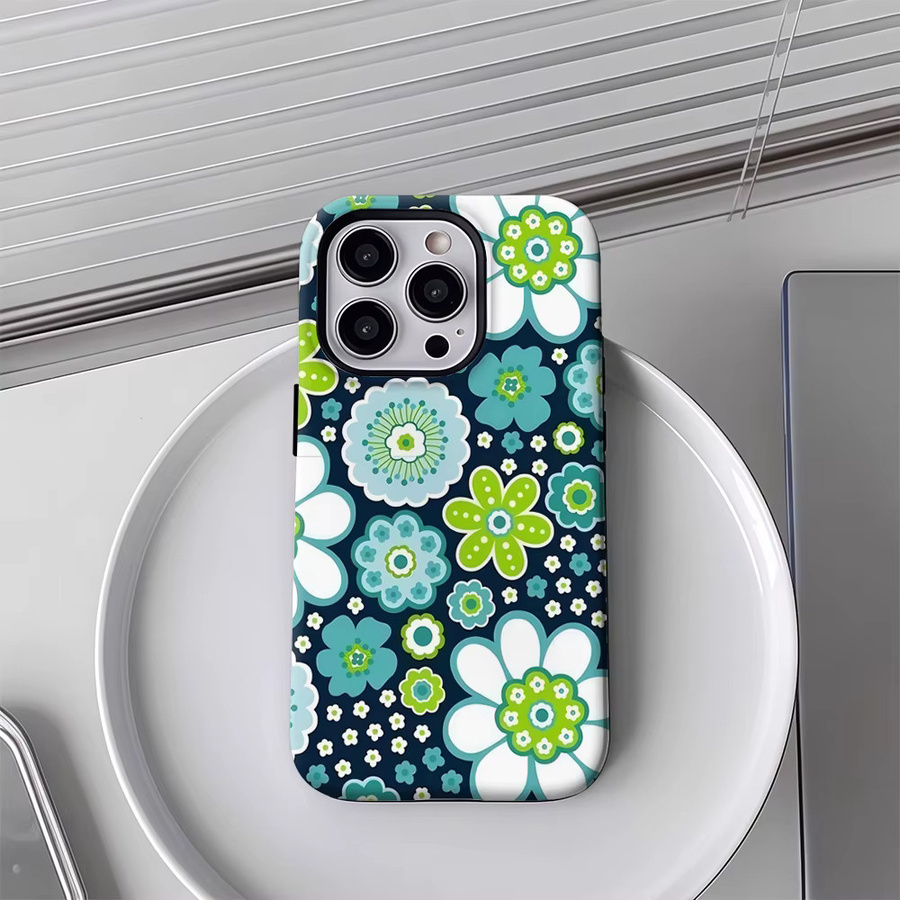 Handyhülle mit blauem und grünem Blumendruck für Apple iPhone 11 bis iPhone 17 Pro Max Plus mit doppelschichtiger Rückseite - Bild 4