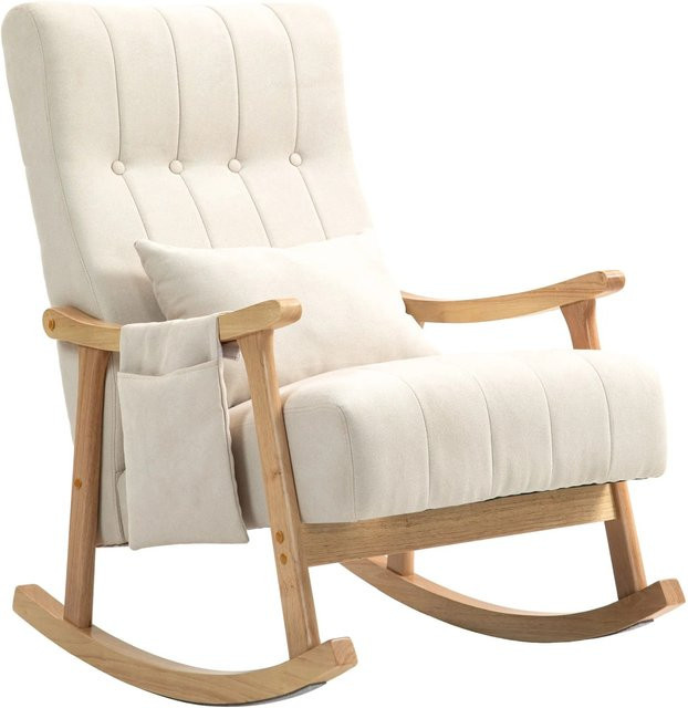 HOMCOM Schaukelstuhl in Beige mit Leinenoptik aus Polyester und Buchenholz, B/T/H: 90 x 65 x 98 cm - Bild 1