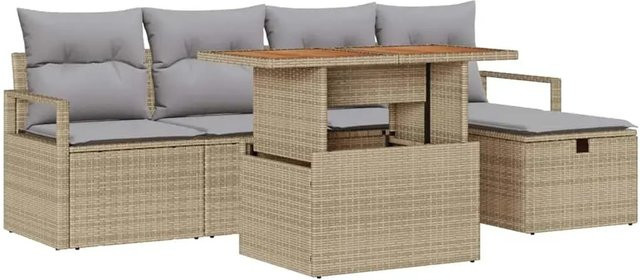 vidaXL Garten-Sofa-Set aus Poly-Rattan in Beige, 6-teiliges L-Shape Set mit 3-Sitzer-Sofa, Couchtisch und integriertem Kissen-Speicher - Bild 1