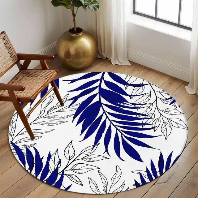 Runder Teppich Lodestar mit blauem Blattdruck und floralem Design, rutschfest und pflegeleicht, Durchmesser: 40 cm - Bild 1