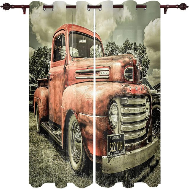 Route 66 Küchenvorhang mit Biercafé-Logo und Retro-Auto-Motiv, halbtransparent, Mehrfarbig, B: 100 cm, H: 160 cm - Bild 1
