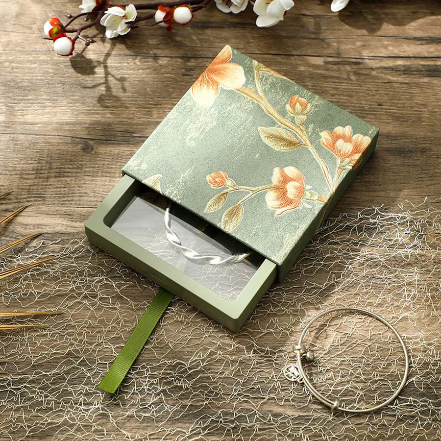 Schmuckbox mit Blumenmuster und Schublade in Orange zur Aufbewahrung von Ring, Armband und Halskette aus Papier - Bild 2
