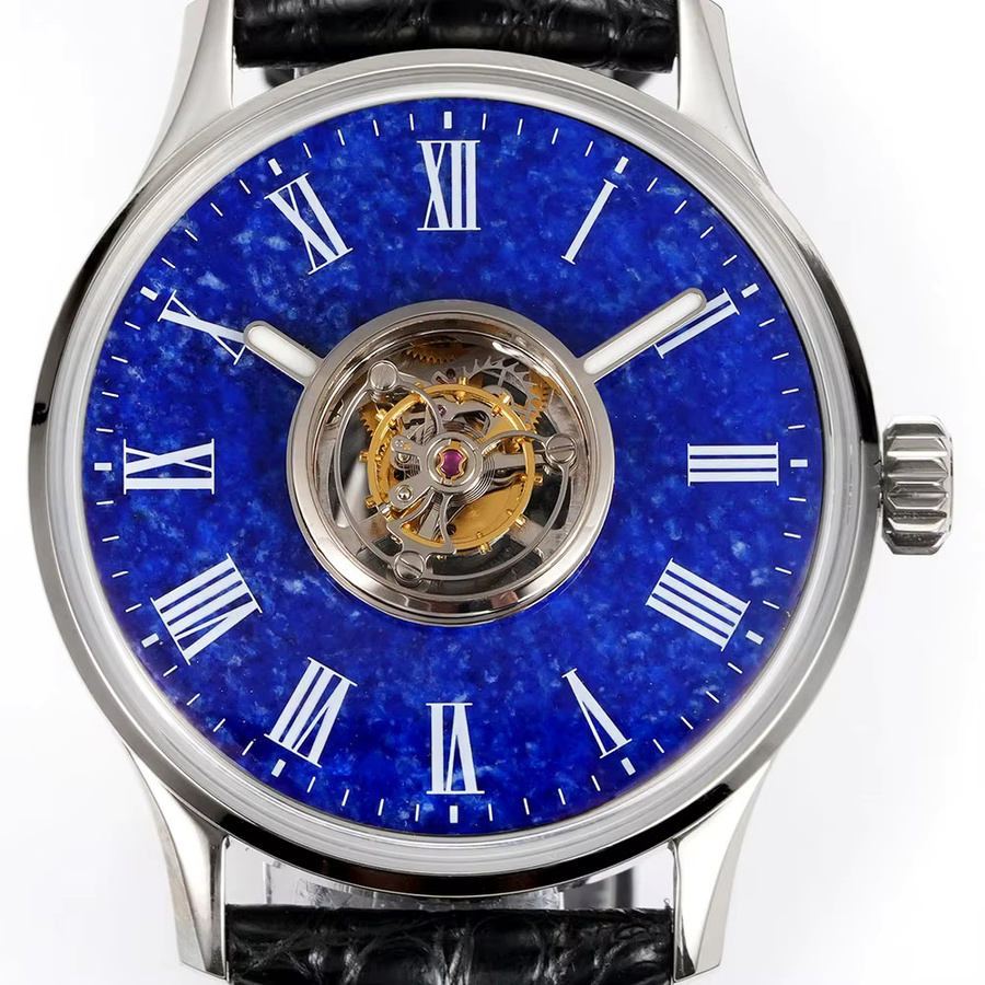 HUASUO Herren-Armbanduhr, Handaufzug, 42 mm, Leder, Blau, Edelstein - Bild 2