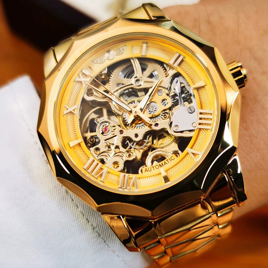 WINNER Automatik-Armbanduhr, Edelstahl, Gold, Herren, Leuchtzeiger - Bild 6