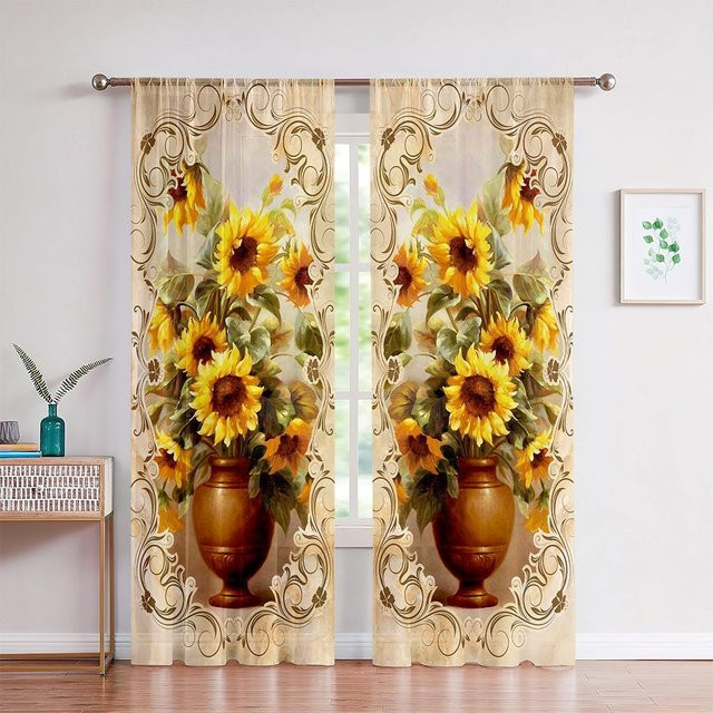 Yiran Furniture Vintage Sonnenblume Vorhänge im Landhausstil, 2er-Set, Mehrfarbig, B: 50 cm, H: 130 cm - Bild 1
