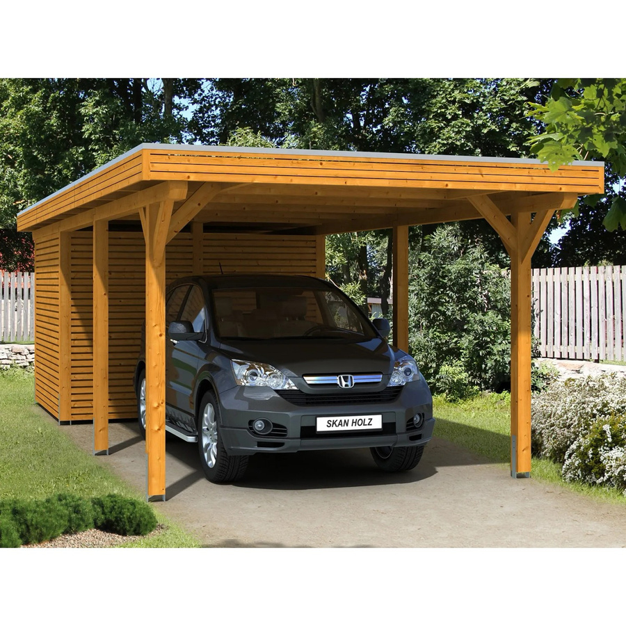 SKANHOLZ Carport Spessart aus Fichte Leimholz mit Flachdach und Regenrinne, Farbe: beige, B/T: 355 x 846 cm, Höhe: 243 cm - Bild 4