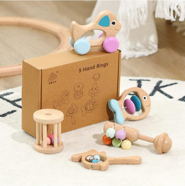 Kidsly Holzspielzeug Montessori Handrasseln, 5-teiliges Set, ab 0 Jahre - Bild 1