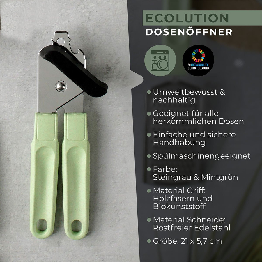 Fackelmann Ecolution Dosenöffner in Grau und Grün mit ergonomischem Griff aus Edelstahl und Kunststoff, spülmaschinenfest - Bild 3