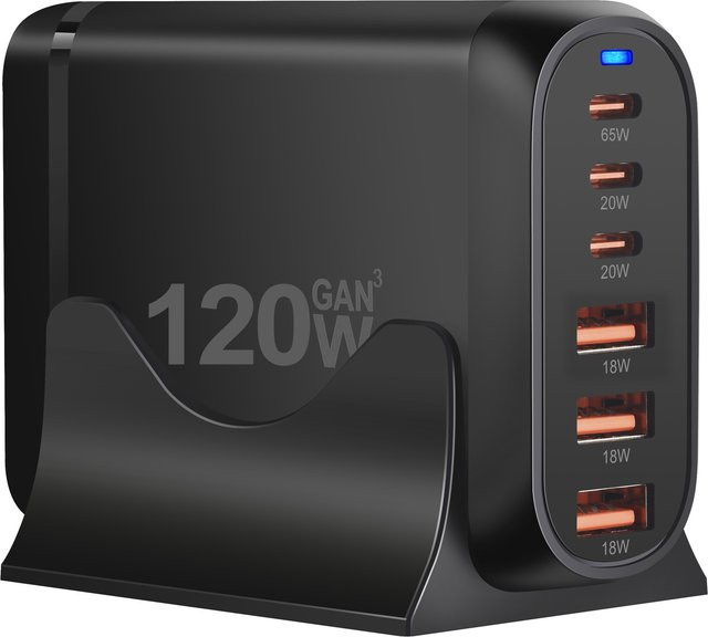Deepartner 120 W GAN-Ladegerät mit 6 USB-C Ports, PD Schnellladegerät und Quick Charge 3.0, Schwarz - Bild 1