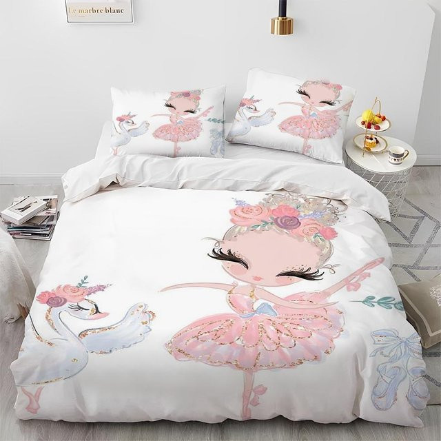 Bettwäscheset für Kinder mit niedlichem Ballettmädchen Ballerina Motiv, Microfaser, Weiß, B/H: 135 x 200 cm - Bild 1