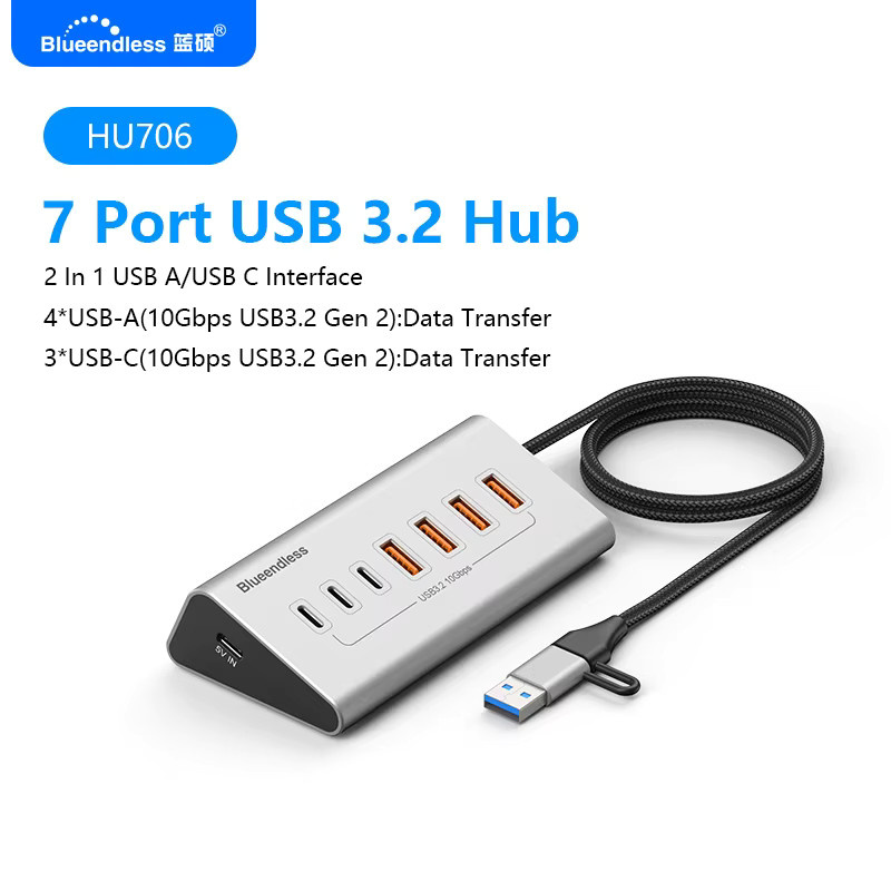 Blueendless USB-C Dockingstation Aluminium 10Gbps USB 3.2 Gen2 4/10-Port HUB Splitter Adapter für PC Laptop MacBook in Silber - Bild 3