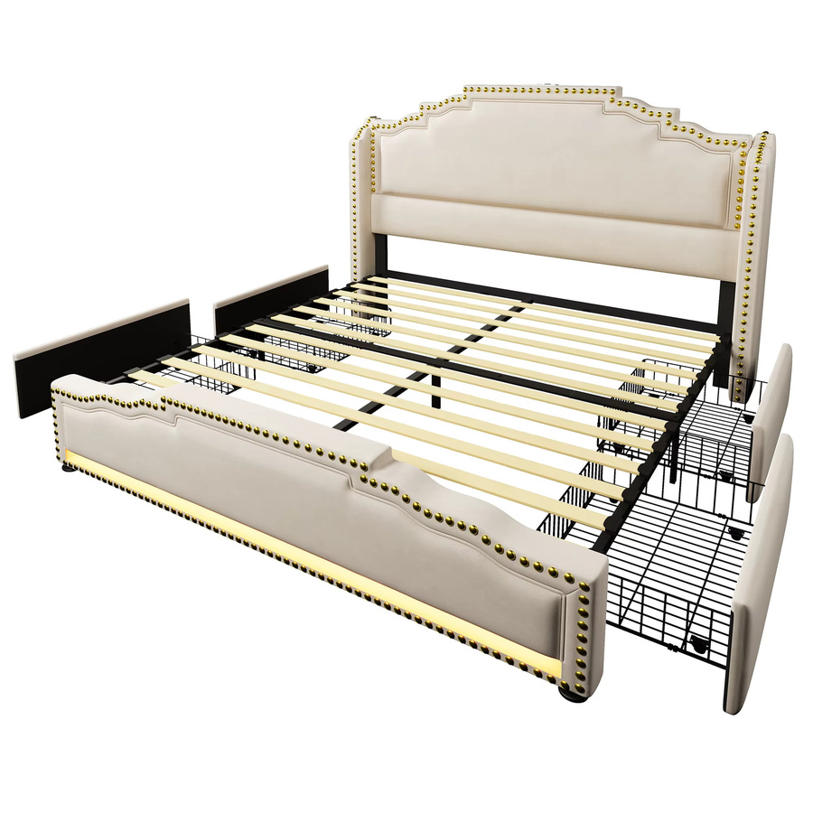 KOMHTOM Samt-Stauraumbett in Beige mit 4 Schubladen, LED-Beleuchtung und USB-C-Ladeanschluss, B/T/H: 140 x 200 cm, ohne Matratze - Bild 3