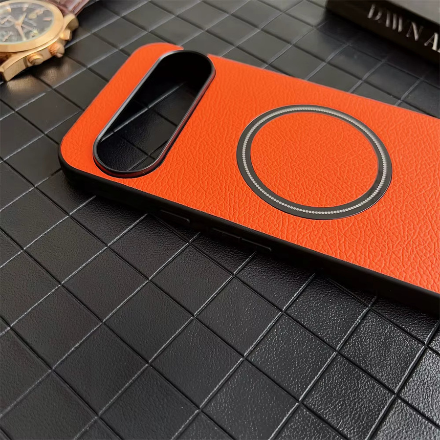 Premium Leder Schutzhülle mit Litschi-Muster für Google Pixel 10 9 8 7 6 Pro XL 9A 8A 7A 6A, magnetisch und stoßfest, Orange - Bild 2