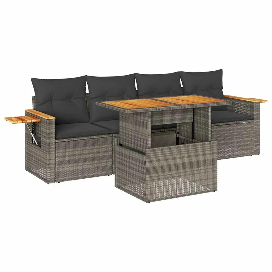 vidaXL 5-tlg. Garten-Sofagarnitur in L-Form mit Tisch, Grau, PE-Rattan und Akazienholz mit Kissen und Stauraum - Bild 2