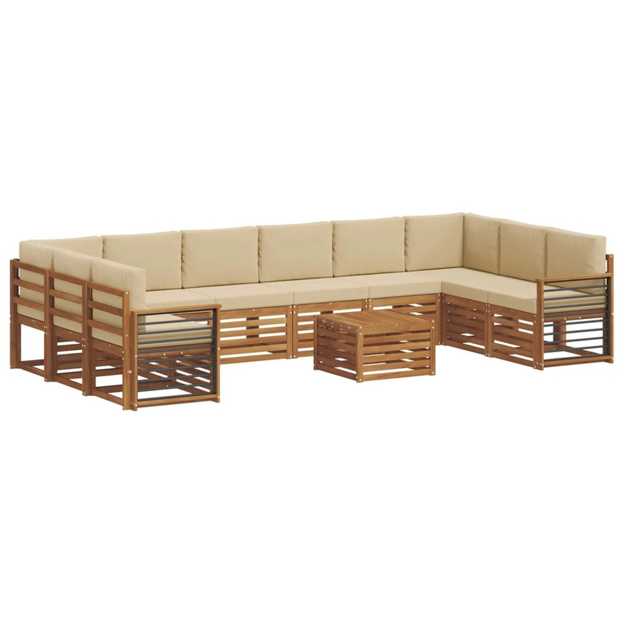vidaXL Sofagarnitur aus Massivholz Akazie in Natur und Beige, 11-teiliges U-Form Sofa mit Polstern und Armlehnen - Bild 2