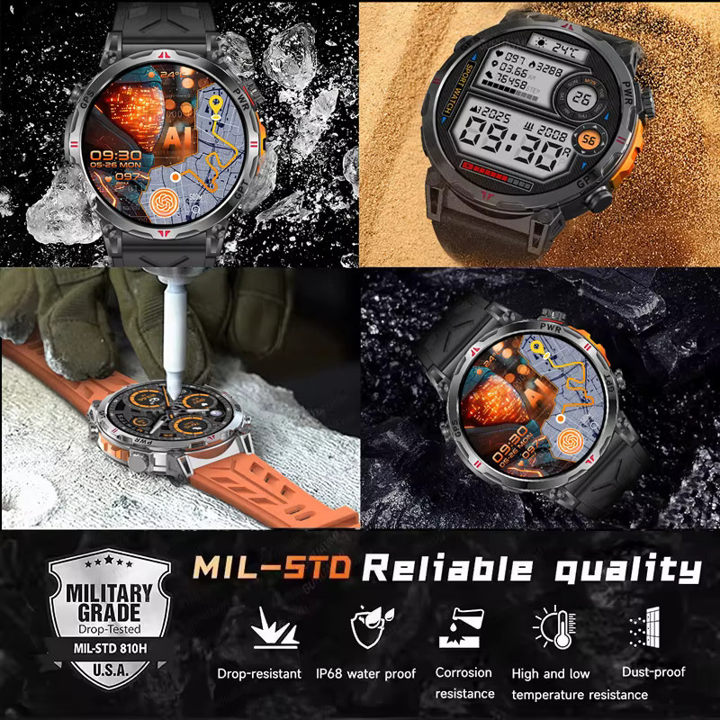 GUHUAVMI Militär-GPS-Sport-Smartwatch für Herren mit AMOLED-Bildschirm, Kompass, Höhenmesser, 10ATM Wasserdichtigkeit und drahtloser Anruffunktion in Orange oder Schwarz - Bild 6