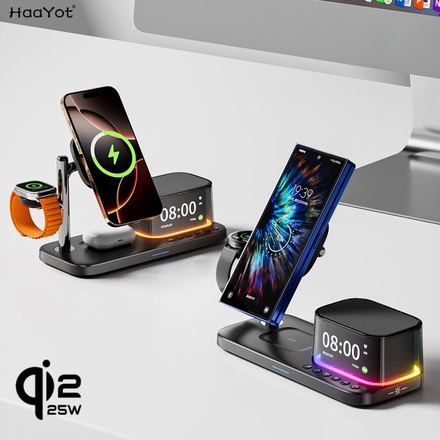 HAAYOT Magnetische kabellose Ladestation mit QI2.2 25 W für iPhone 17 16 Pro Max, Galaxy S25 S26, Apple & Galaxy Watch sowie AirPods und Buds, Schwarz - Bild 1